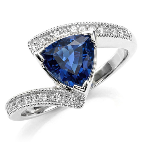 Blue Trilliant Cut Sapphire Diamond Engagement Ring