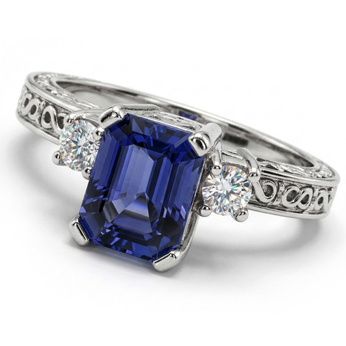 Emerald-Cut Blue Sapphire and Diamond 3 Stone Engagement Ring Vintage