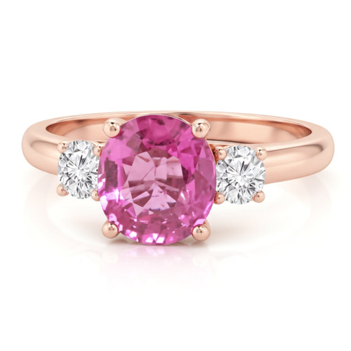 Oval Pink Sapphire and Diamond 3 Stone Engagement Ring 14k Rose Gold