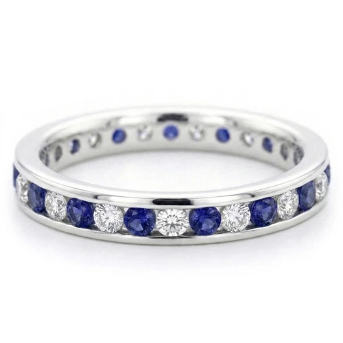 Alternating Blue Sapphire and Diamond Eternity Wedding Ring Band