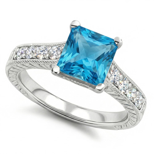Princess Blue Topaz and Diamond Engagement Ring Vintage Style