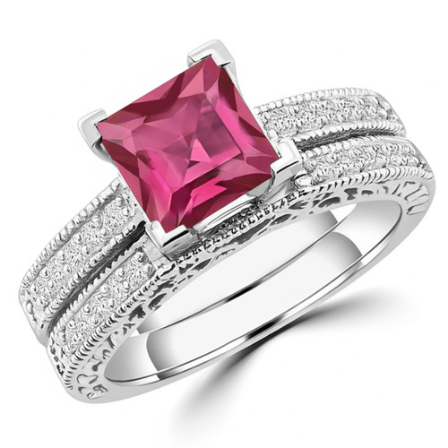 Princess-Cut Pink Tourmaline and Diamond Engagement Wedding Ring Set