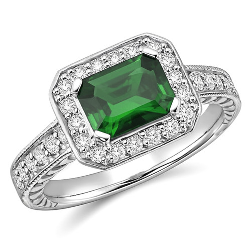 East-West Green Tourmaline & Diamond Halo Engagement Ring Vintage