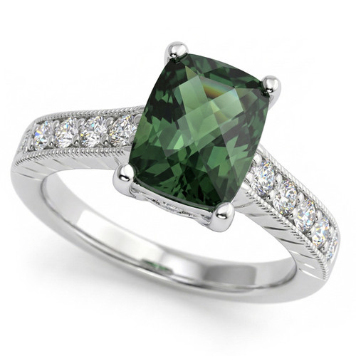 Rectangular Green Tourmaline and Diamond Engagement Ring Antique Style