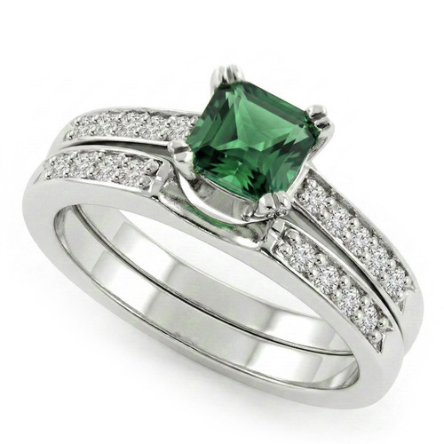 Princess Cut Green Tourmaline Diamond Engagement Ring Set