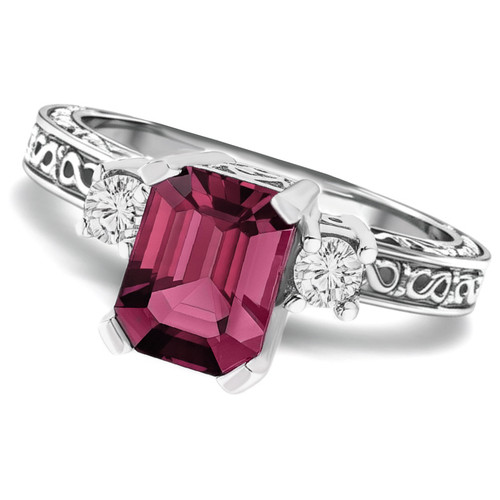 Emerald Cut Pink Tourmaline and Diamond 3 Stone Engagement Ring Vintage Style