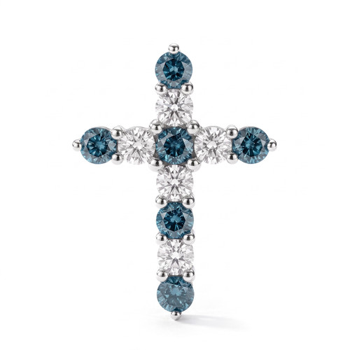 Blue and White Diamond Cross Pendant 14k White Gold