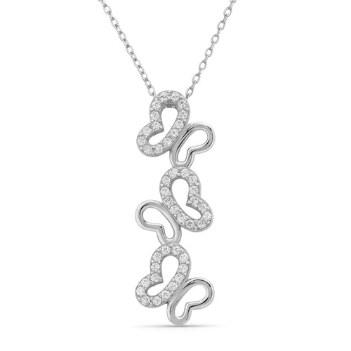 Three Butterflies Diamond Heart Pendant Necklace 14k White Gold