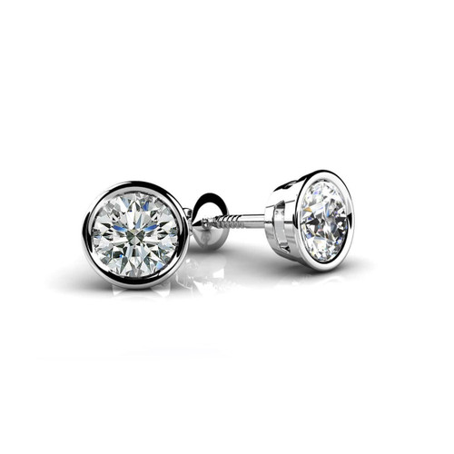 3/4 Carat Natural Diamond Stud Earrings Bezel Style