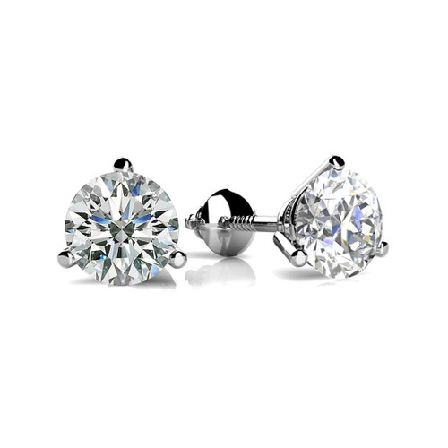 Two Carat Natural Diamond 3-Prong Stud Earrings Martini-Glass Style 14k White Gold