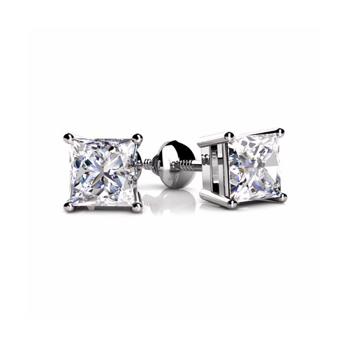 One Carat Natural Princess-Cut Diamond Classic Stud Earrings