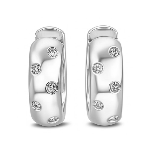 Scattered Diamond Hoop Huggie Earrings Polished 14k White Gold