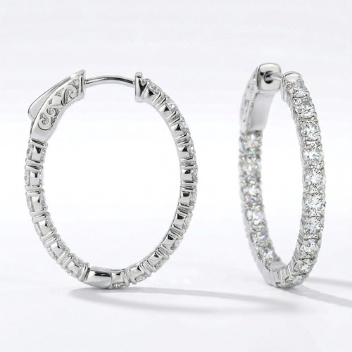 2 Carat Oval Inside-Out Diamond Hoop Earrings 14k Gold Antique Style