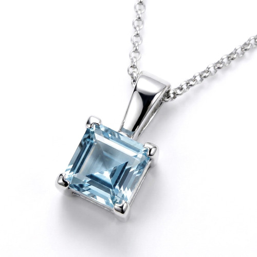 Princess Cut Aquamarine Solitaire Pendant 14k White Gold
