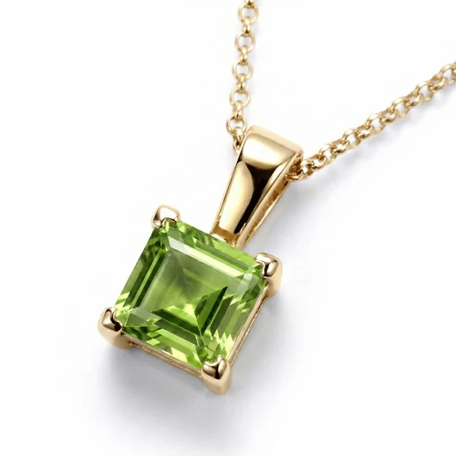 Princess Cut Green Peridot Solitaire Pendant Necklace 14k Yellow Gold