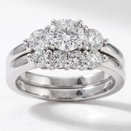 Three-Stone Matching Diamond Engagement Wedding Ring Set