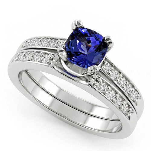 Cushion Cut Tanzanite Diamond Matching Engagement Wedding Ring Set