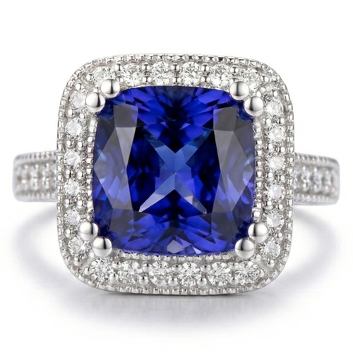 Large Cushion Tanzanite and Diamond Halo Statement Ring Vintage Style