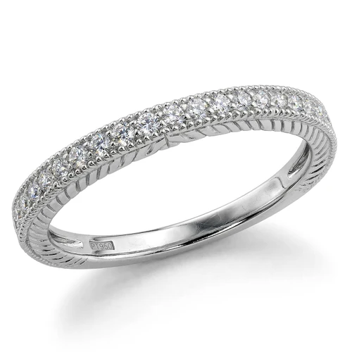 Vintage-Inspired Diamond Wedding Band Engraved Bridal Ring