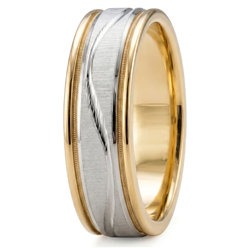 Men's 14k 2-Tone Gold Wedding Band Wave Design Brushed Ring