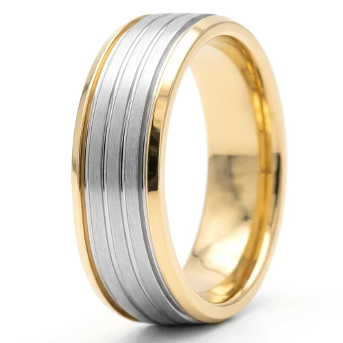 Matte and Polished 14k Two Tone Gold Ring Wedding Band With Grooves
