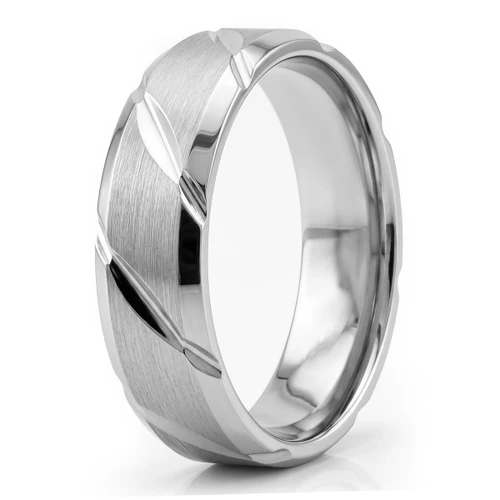 Brushed 14k Gold Beveled Men's Wedding Ring With Diagonal Cuts
