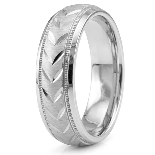 Antique Style 14k Gold Wedding Band Diamond-Cut Leaf Ring
