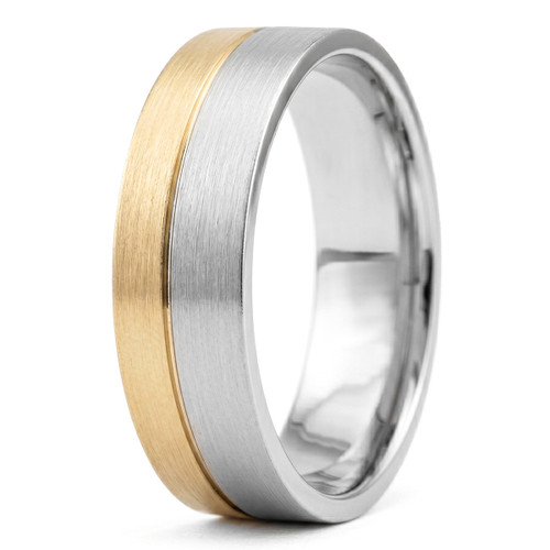 18k 2-Tone Gold Wedding Band Satin Finished Ring Off-Centered Design