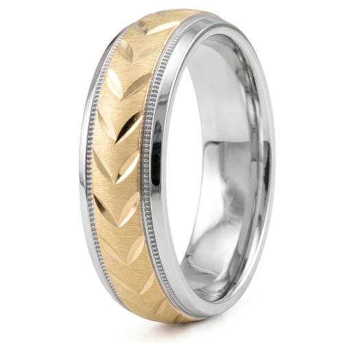 Diamond-Cut Leaf Wedding Band Ring 18k 2-Tone Gold