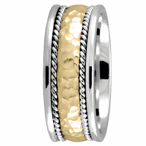 18k Yellow and White Gold Hammered Handmade Wedding Band Ring
