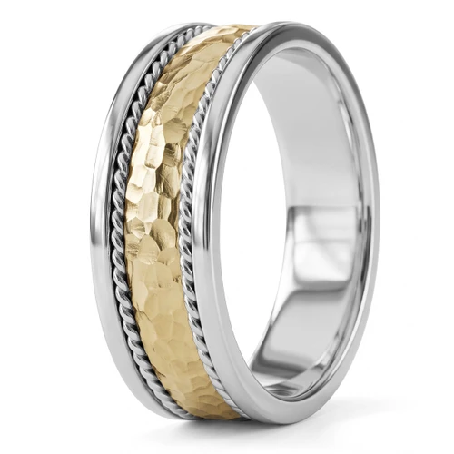 18k Yellow and White Gold Men's Hammered Handmade Wedding Band