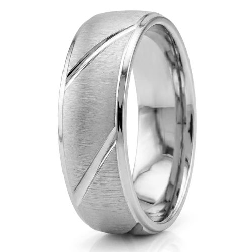 Domed Brushed Wedding Ring Etched 18k White Gold Men's Band