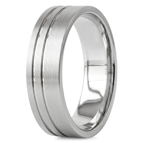 Brushed/Satin Platinum Wedding Band Ring With Off-Centered Grooves