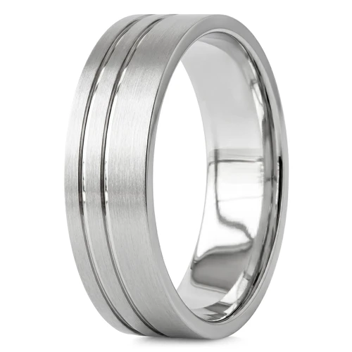 Brushed/Satin Platinum Wedding Band Ring With Off-Centered Grooves