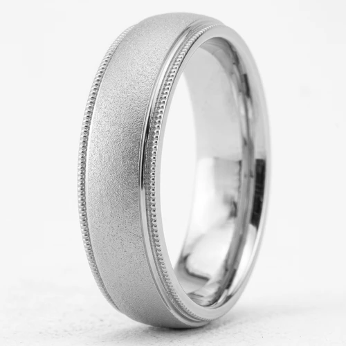 Sandblast Finished Platinum Wedding Band Men's Ring With Milgrain