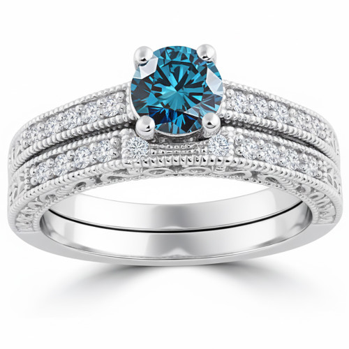 Blue Diamond Matching Engagement Ring Set Vintage Style