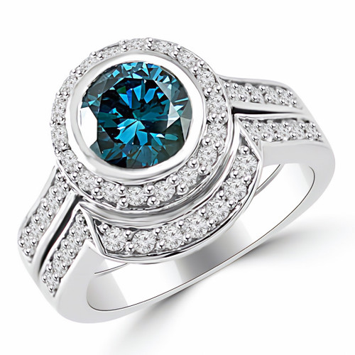 Fancy Blue Diamond Halo Engagement Wedding Ring Set