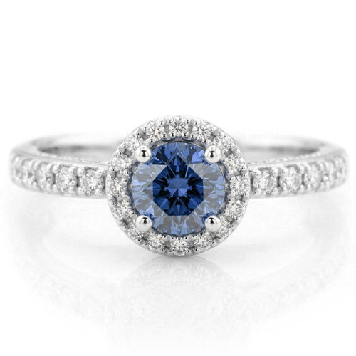 Dainty Blue and White Diamond Engagement Ring With Hidden Halo