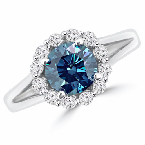 18k White Gold Marquise & Round Cut Diamond Engagement Ring (0.71 Ct, Blue ( Color Irradiated) &