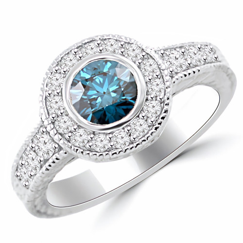 Vintage Style Blue Diamond Halo Engagement Ring