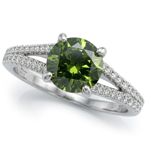 Fancy Green Diamond Engagement Ring Split Shank 18k White Gold