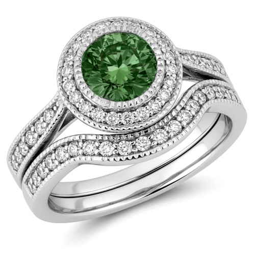 Fancy Green Diamond Halo Engagement and Wedding Ring Set