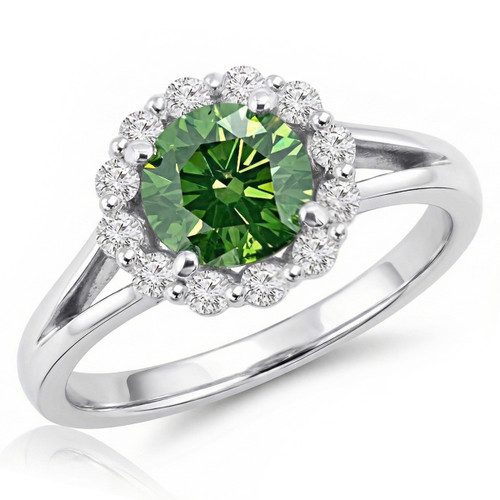 Green White Diamond Halo Engagement Ring Split Shank