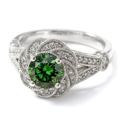 Green Diamond Floral Halo Engagement Ring Vintage Style