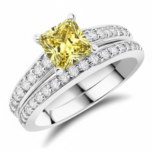 Princess Cut Yellow Diamond Matching Engagement Ring Set