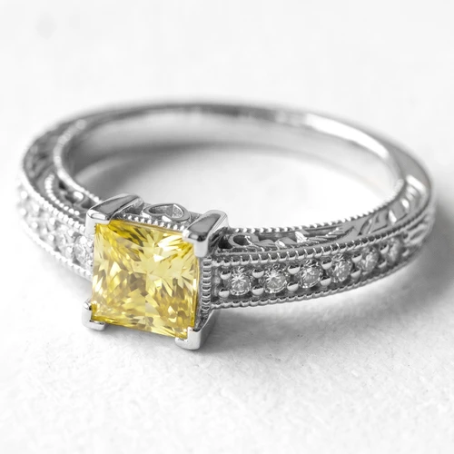 Vintage Cushion Cut Yellow Diamond Engagement Ring