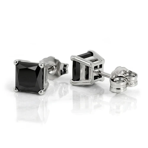 Princess Cut Black Diamond Stud Earrings 14k White Gold