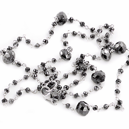 18.85ct Black Diamond Rosary Faceted Bead Necklace 14k Gold