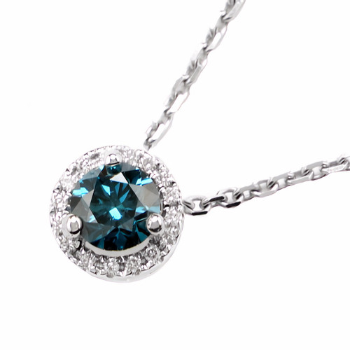 Blue Diamond Halo Pendant Necklace 14k White Gold