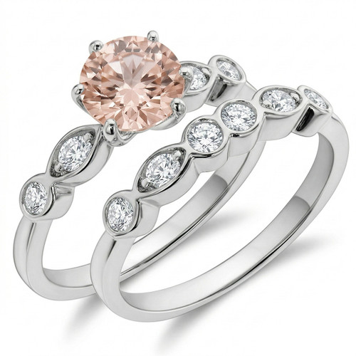 Peach Morganite Diamond Matching Engagement Ring Set